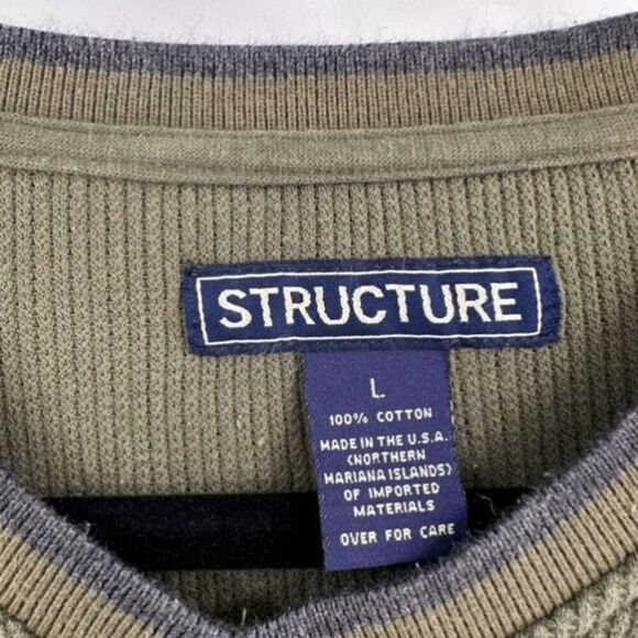 Vintage‎ Y2K Mens Structure Waffle Henley Long Sleeve Popover Olive Green Large - Picture 3 of 8